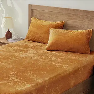 BEDELITE Velvet Fitted Sheet and Pillowcases Set, Luxury Soft Fuzzy Bottom Sheet with Reinforced Elastic Corner Straps, Deep Pocket up to 15 Inch, 1 Fitted Sheet and 2 Pillowcases (King, Burnt Orange)