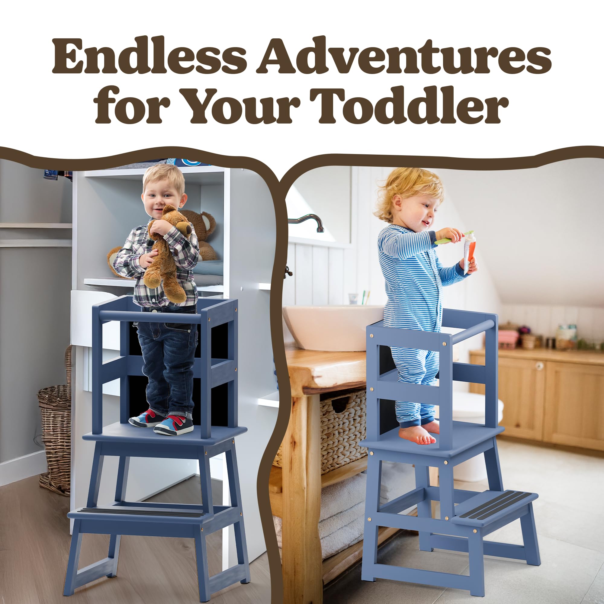 Montessori Kitchen Tower Stool For Toddlers 1-3 Years - Natural Pine Wood Learning Helper Supports 200 Lbs