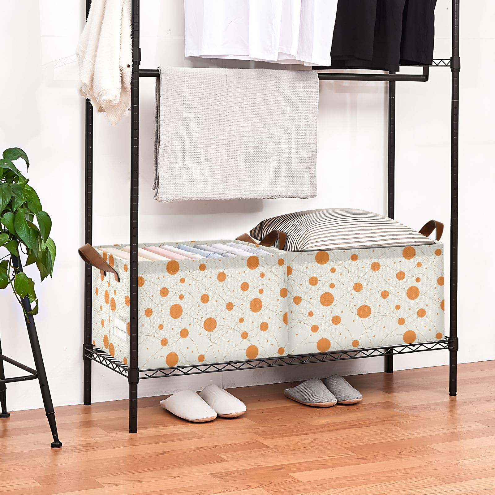 KLL Cestas de almacenamiento grandes de tela con asas de lunares naranjas, minimalistas, grandes, para maquillaje, libros, estantes, sala de estar, paquete de 2 cajas de almacenamiento para armario