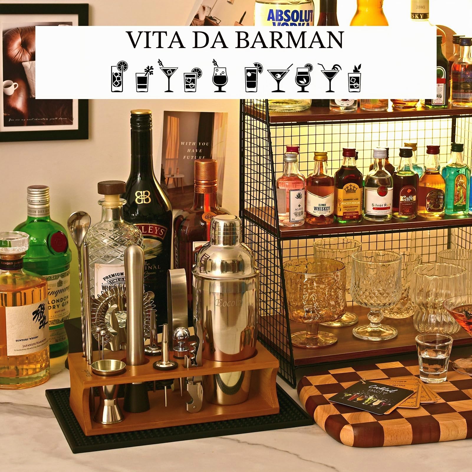 Set per la preparazione di cocktail, shaker da 750 ml, in acciaio inossidabile, kit da barista con espositore in bambù, per casa e bar (crostini argentati, 17 pezzi)