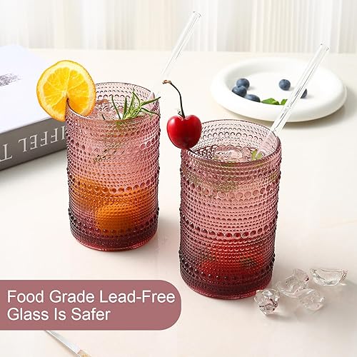 Miniatura 4 de Juego de vasos de vidrio vintage de 6 vasos de vidrio de hobnail de 15 onzas, vaso de agua morado en relieve, para cerveza, cóctel, whisky, jugo y