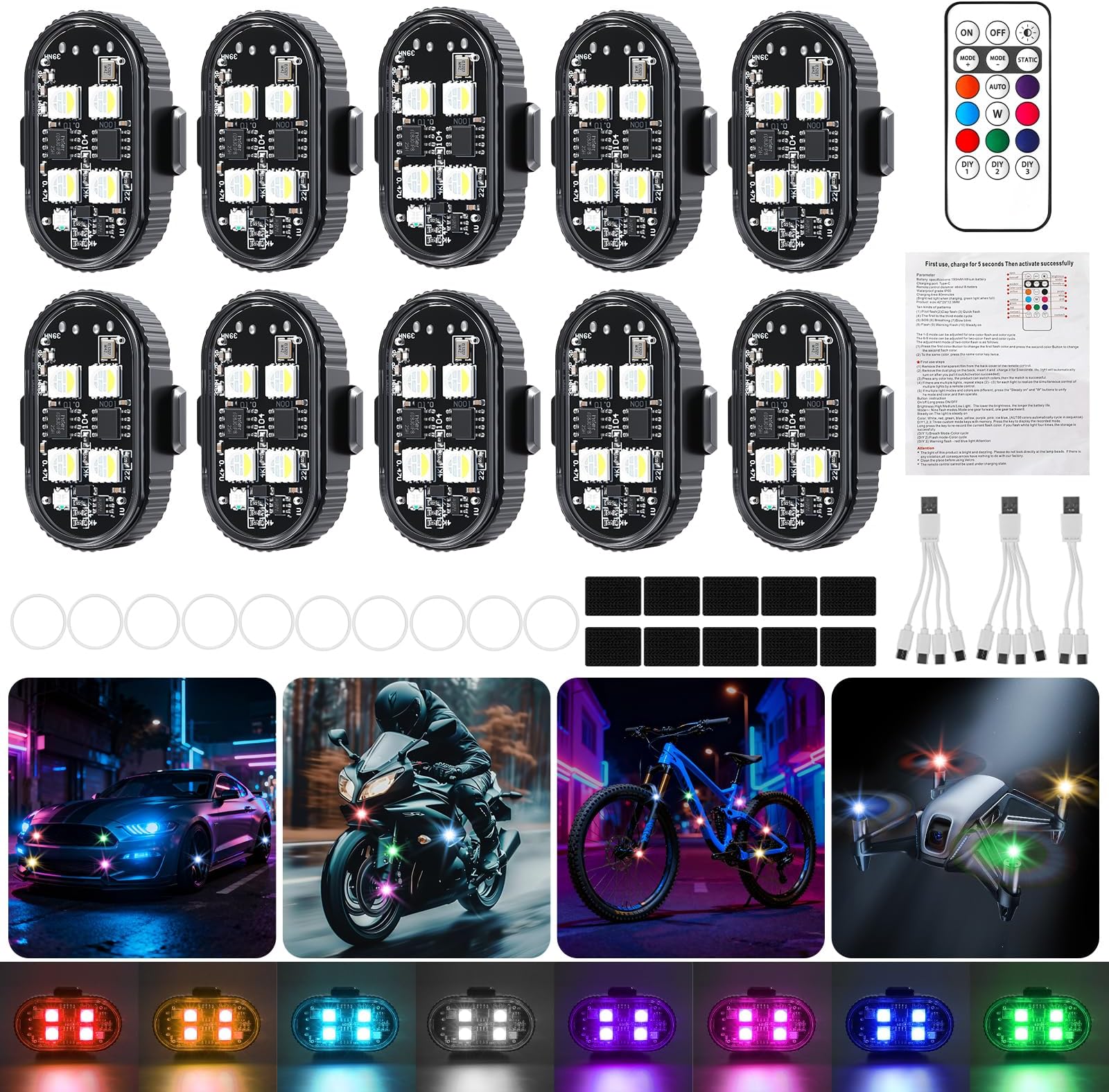 10PCS 4-LED Wireless LED Strobe Lights with Remote Control, 8 Colors High Brightness USB-C Rechargeable Waterproof Anti-Collision Warning Lights for Car Motorcycle Drone Helmet Bike Camping