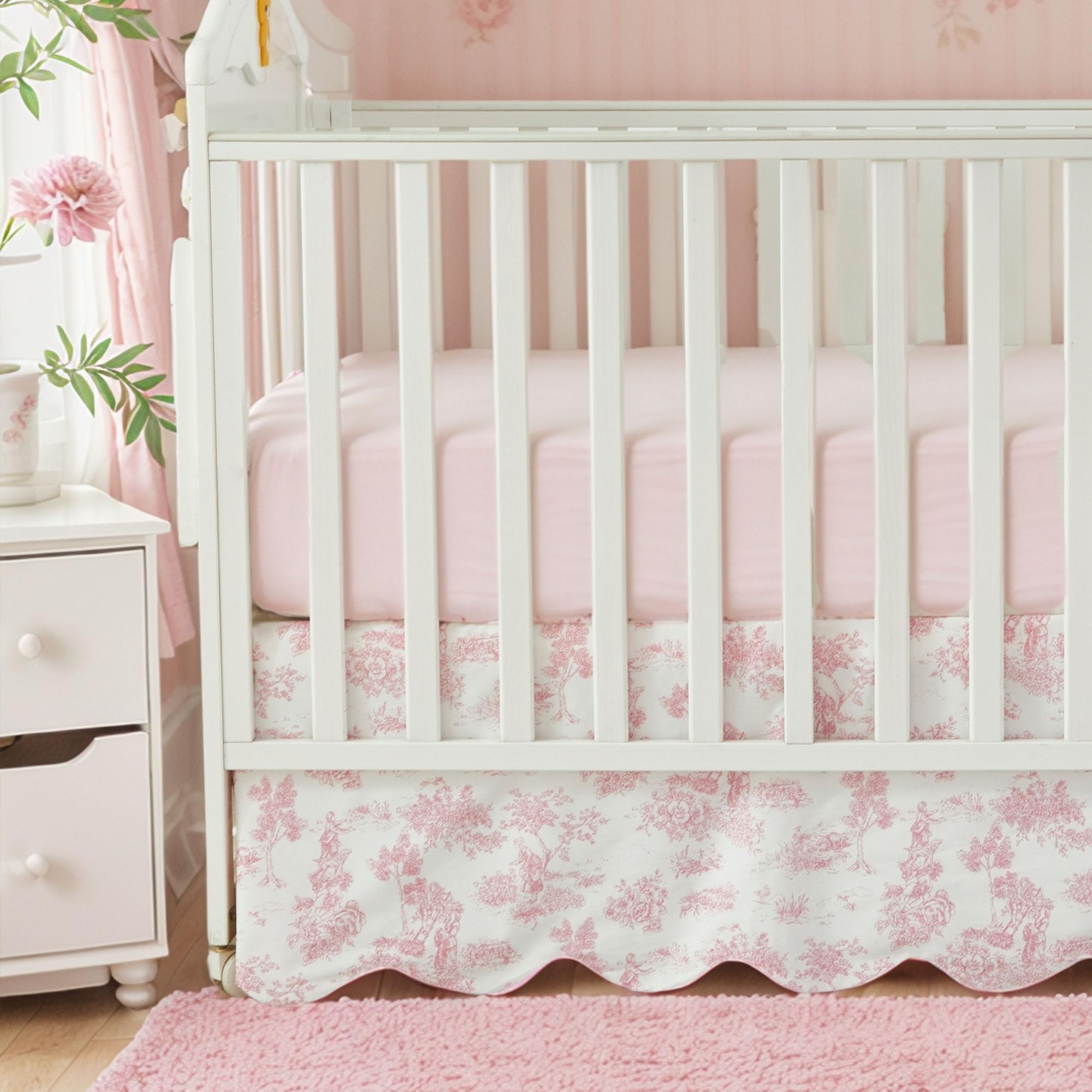 Brandream Scallop Edge Cotton Crib Skirt, Baby Girl, French Country Pink Toile Crib Skirt Toddler Bedskirt Farmhouse Chic Nursery Crib Bed Skirt, Boho Bohemian Vintage Floral Print