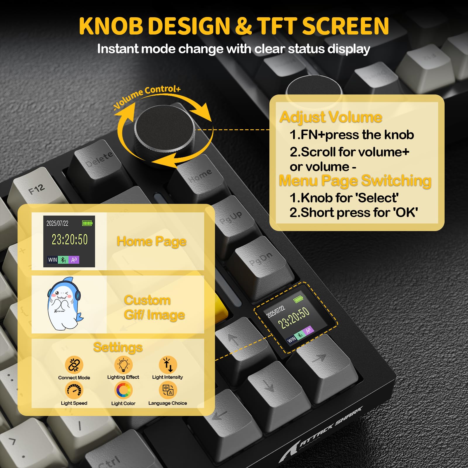 YINDIAO ATTACK SHARK X820 Ultra Gasket Mechanical Keyboard with TFT Screen & Knob, 75% ANSI Layout, 2.4Ghz/BT/Wired, 5 Sound Absorbing Foams, Hot-Swap Linear Switch, for PC,MAC (Black, Gift Switch)