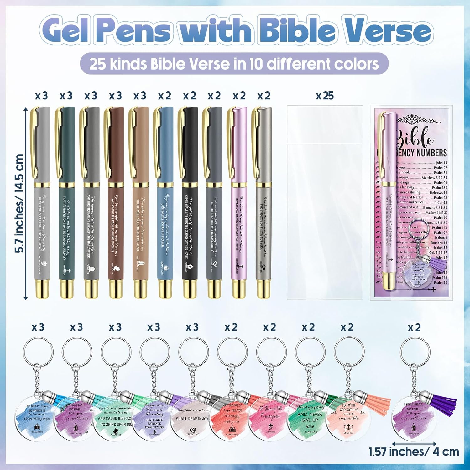 Feifeiya 25 Sets Mother's Day Christian Gifts Bulk Bible Verse Emergency Numbers Bookmarks Christian Pens Religious Keychain Church Welcome Gifts for Women(Gel Pens)