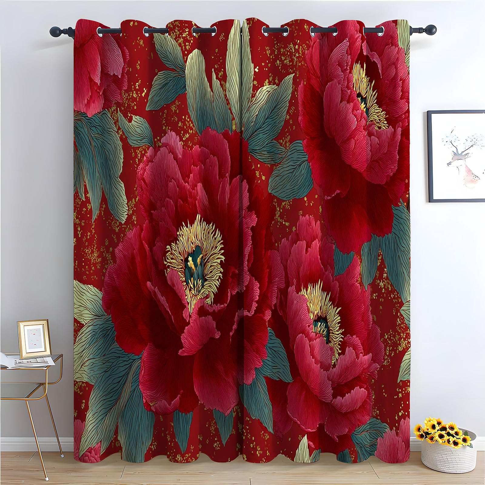 TERUEA Waterfall Nature Scene Curtains, Luxury red peony gold speckle traditional floral Curtains Nature Landscape Scenery Fabric Polyester-52 W x 90" L (Pack of 2)