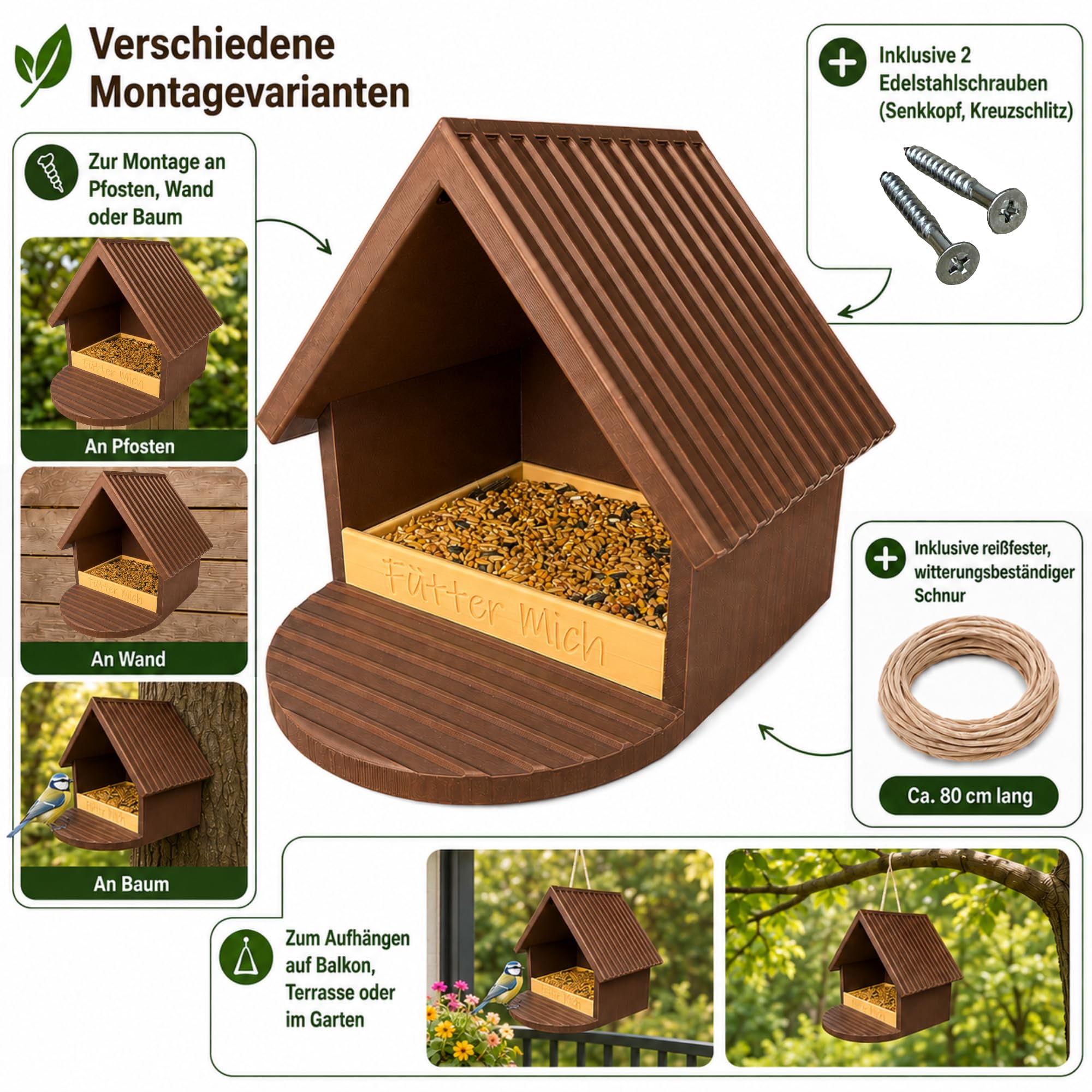 Wetterfestes Vogelfutterhaus mit herausnehmbarer Futterschale (Braun/Beige)