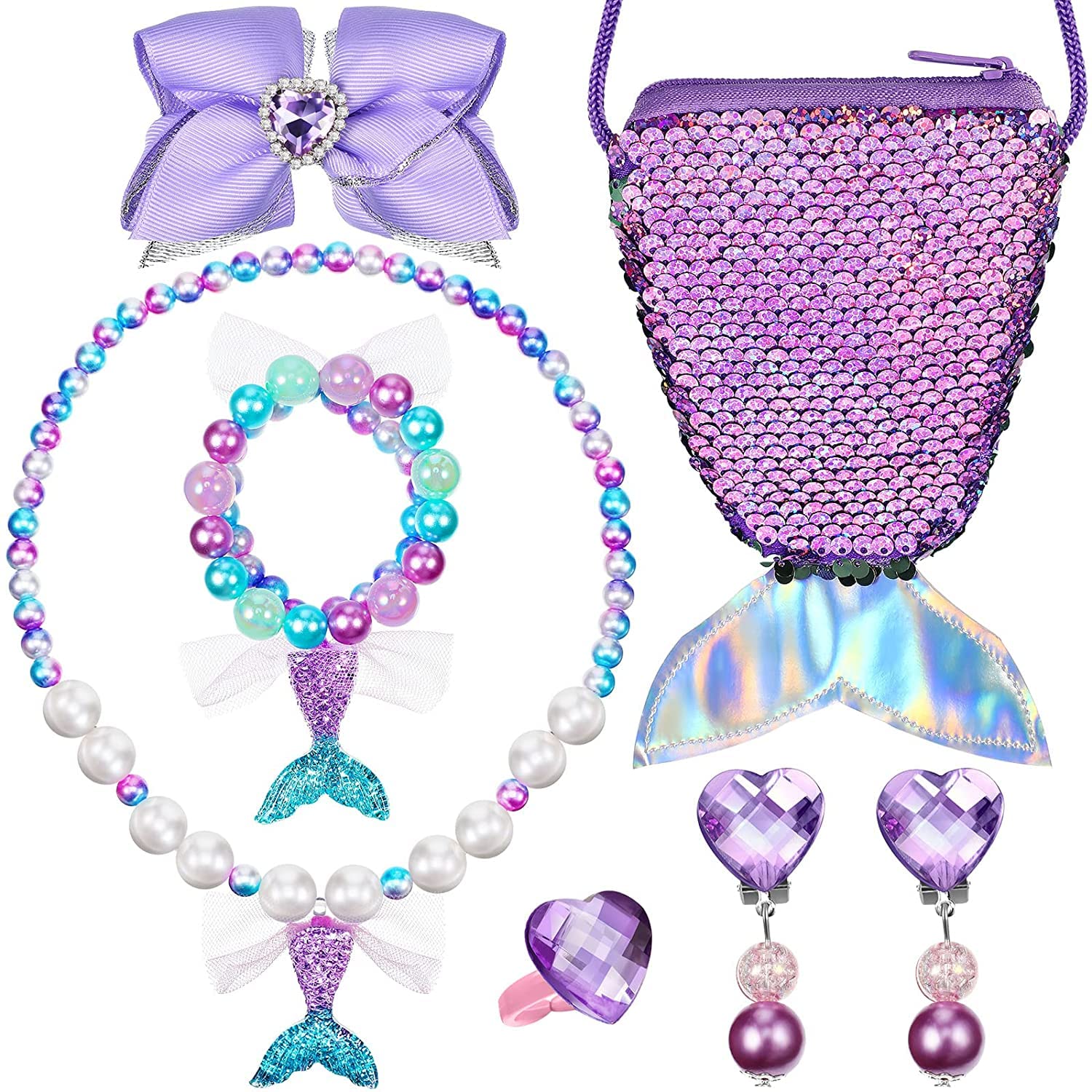 El Regalo 6-Piece Mermaid Princess Girls Kids Dress Up Jewelry Gift Box Set - Sequins Mermaid Tail Coin Purse Necklace Bracelet Ring Pearl Earrings Gifts for Girls (Classy Purple Mermaid Jewelry Set) (B09RVH9C1C) Amazon Price History, Amazon Price Tracker