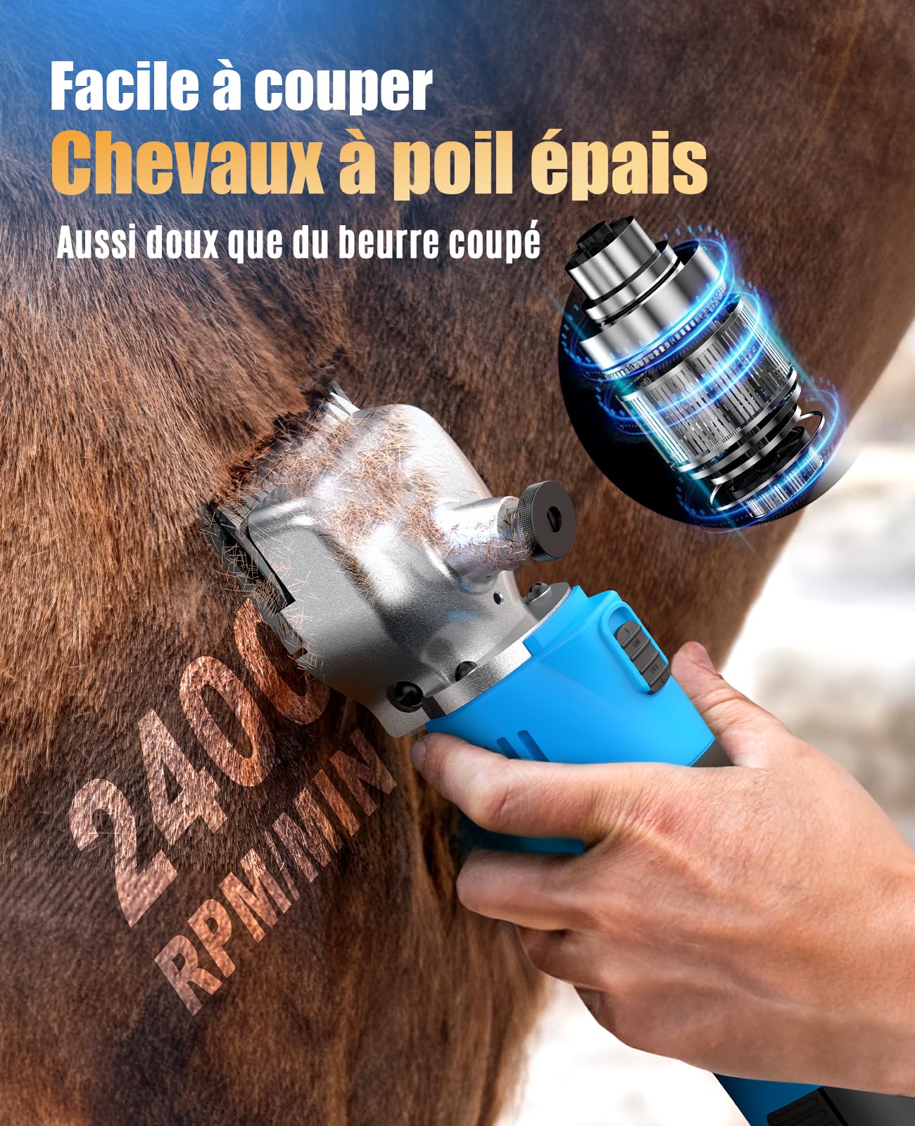 oneisall tondeuse cheval 2 batteries, tondeuse professionnelle pour cheveux épais et emmêlés, sans fil pour chevaux avec moteur puissant de 2400 PRM/MIN, pour tous les poils du corps (Bleu)