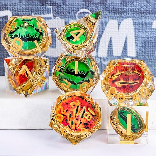 Miniatura 6 de Juego de dados DND de anillo dorado mágico con borde afilado, color rojo con ojo, para uso con juegos de mesa RPG D&D, juego de dados poliédricos