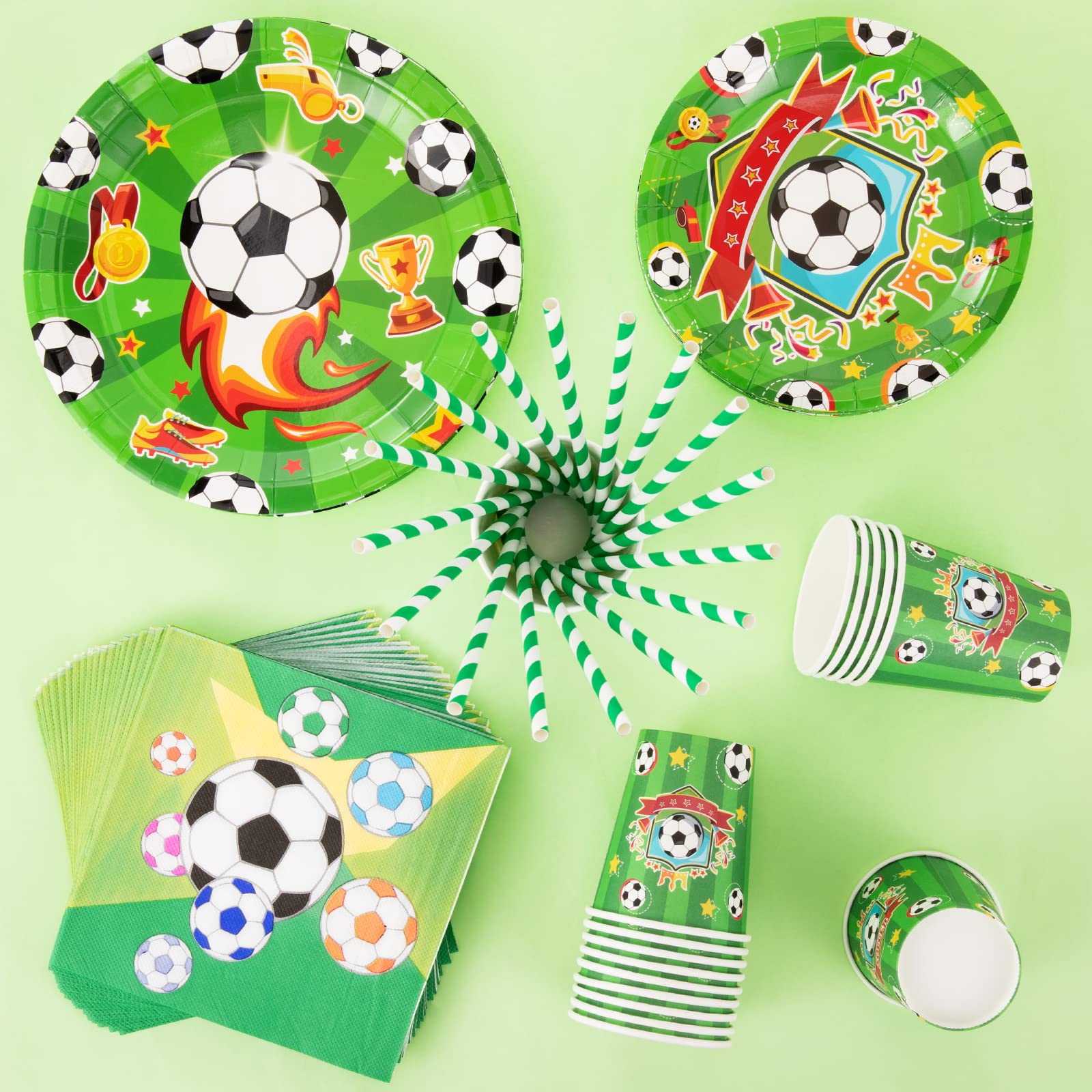 PHOGARY 84 Piezas Decoración Cumpleaños Fútbol, Vajilla Cumpleaños para 16 Personas, Platos, Tazas, Servilletas, Pajillas