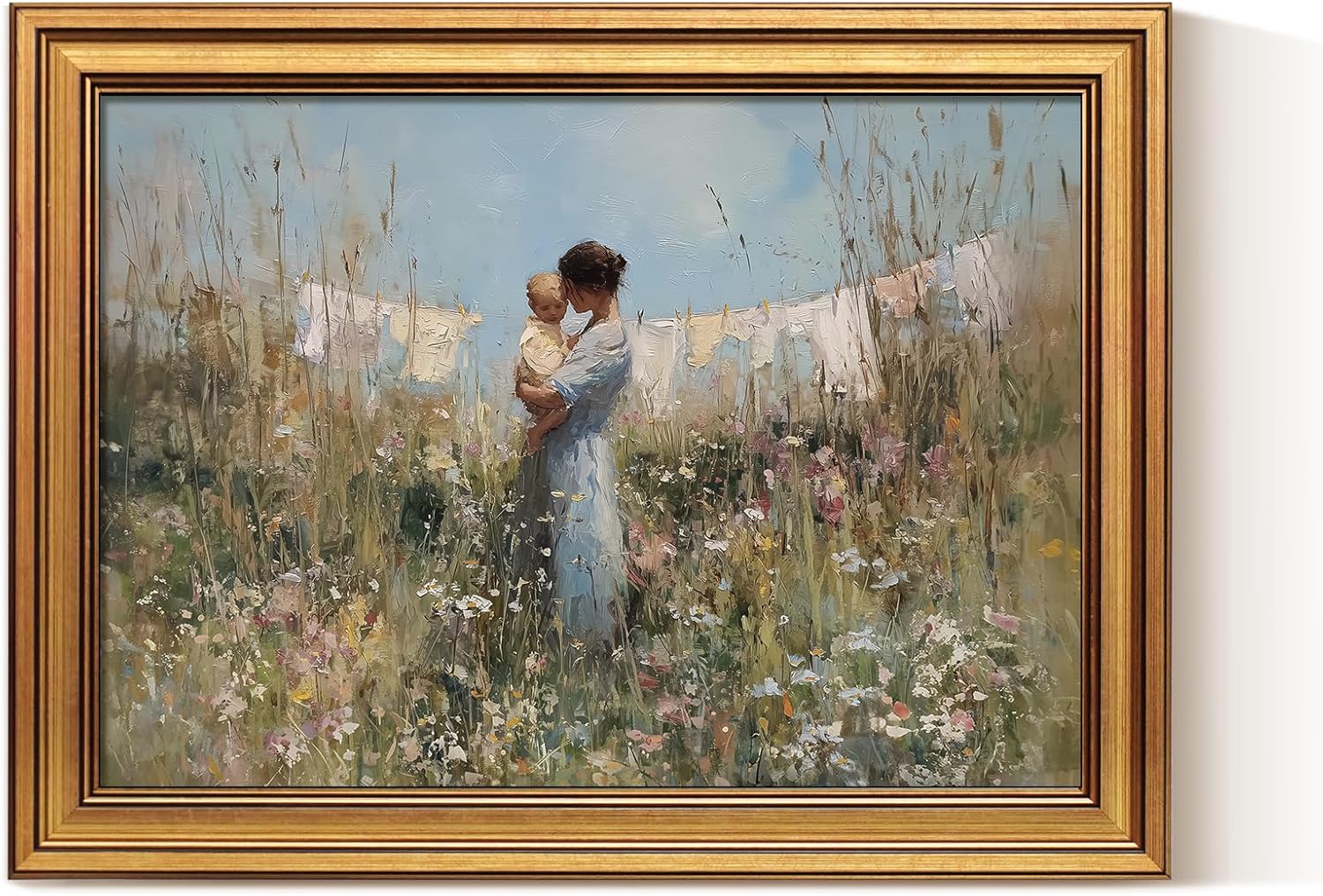 ARPEOTCY Vintage Gold Framed Canvas Wall Art, 12x16 Inch Mother and Child in Wildflower Field Print Pastoral Oil Painting for Living Room, Bedroom, or Cottage Home Decor