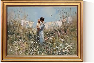 ARPEOTCY Vintage Gold Framed Canvas Wall Art, 12x16 Inch Mother and Child in Wildflower Field Print Pastoral Oil Painting for Living Room, Bedroom, or Cottage Home Decor