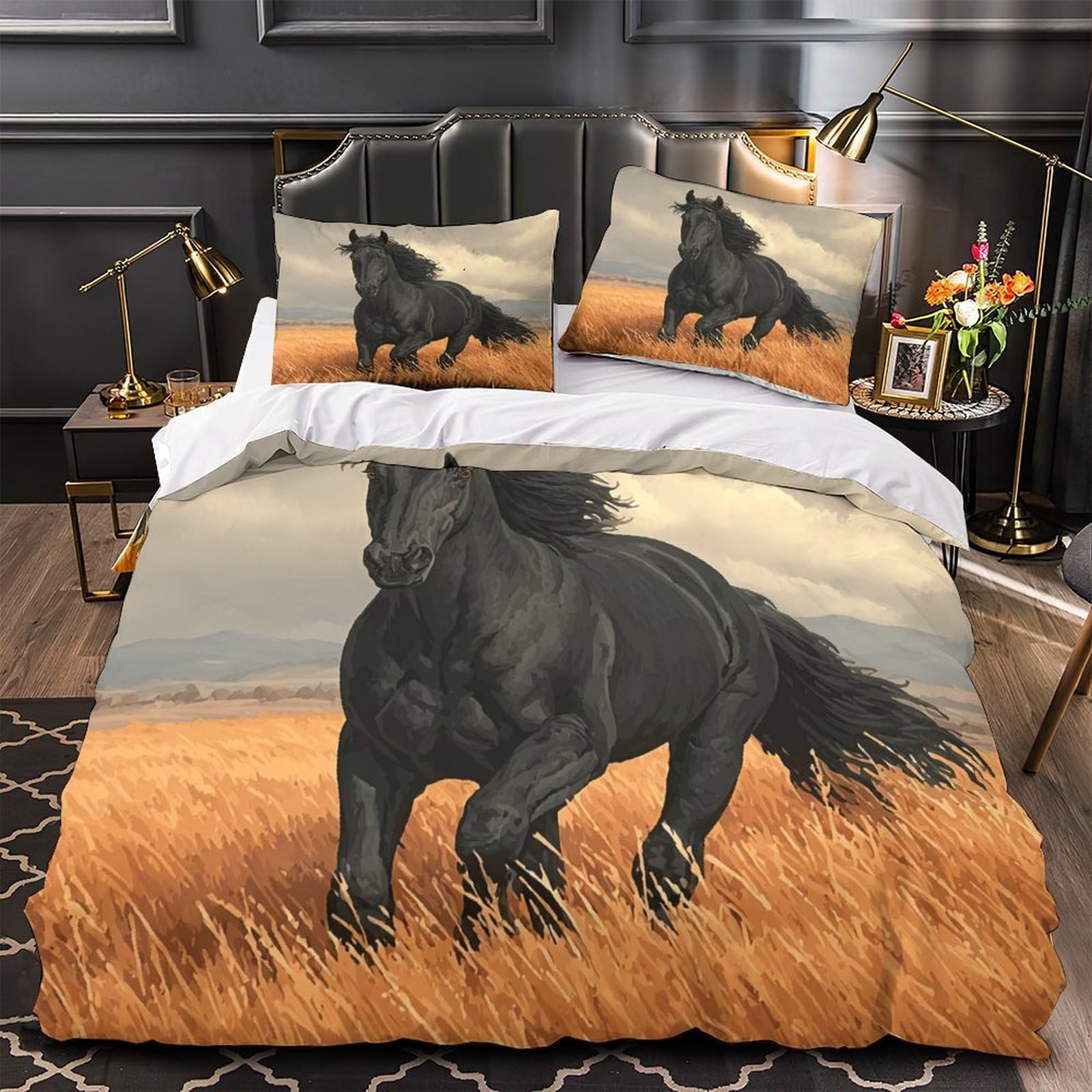 Housse de couette cheval sauvage pour décoration de chambre de garçon et fille en 135x200
