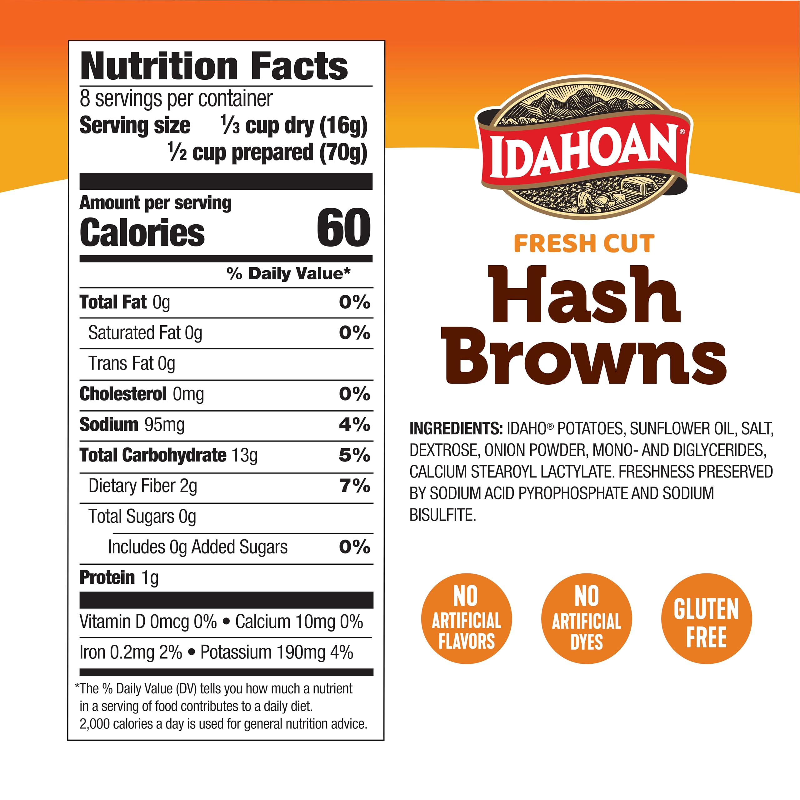 Idahoan Fresh Cut Hash Browns, Naturally Gluten-Free, 100% Real Idaho Potatoes, 8-servings per carton, 4.8 ounce (Pack of 8)