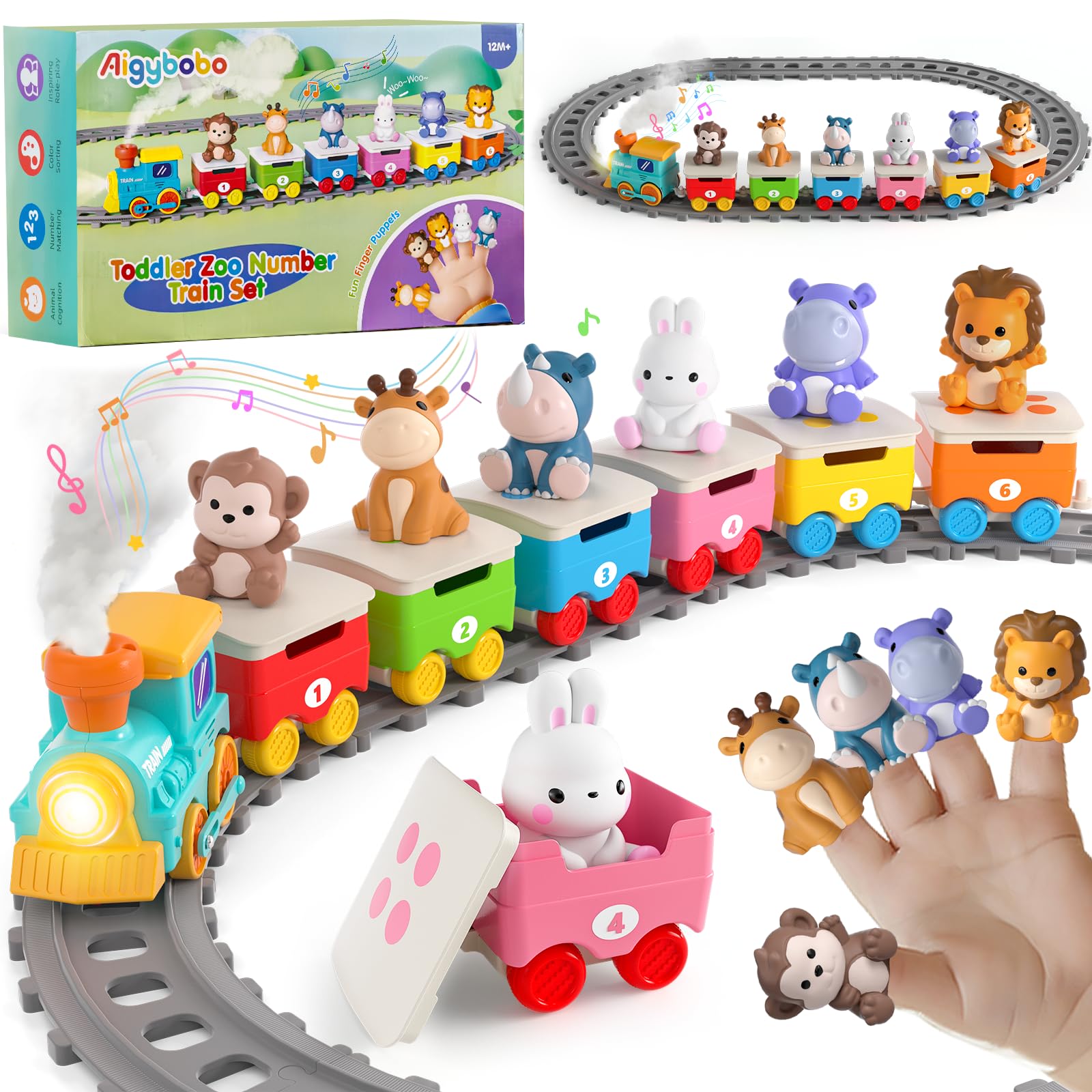 Toddler Toys for 1 2 3 Year Old, Electric Zoo Animal Train Set with Music, Lights & Steam, Montessori Counting, Matching & Sorting Learning Toys,