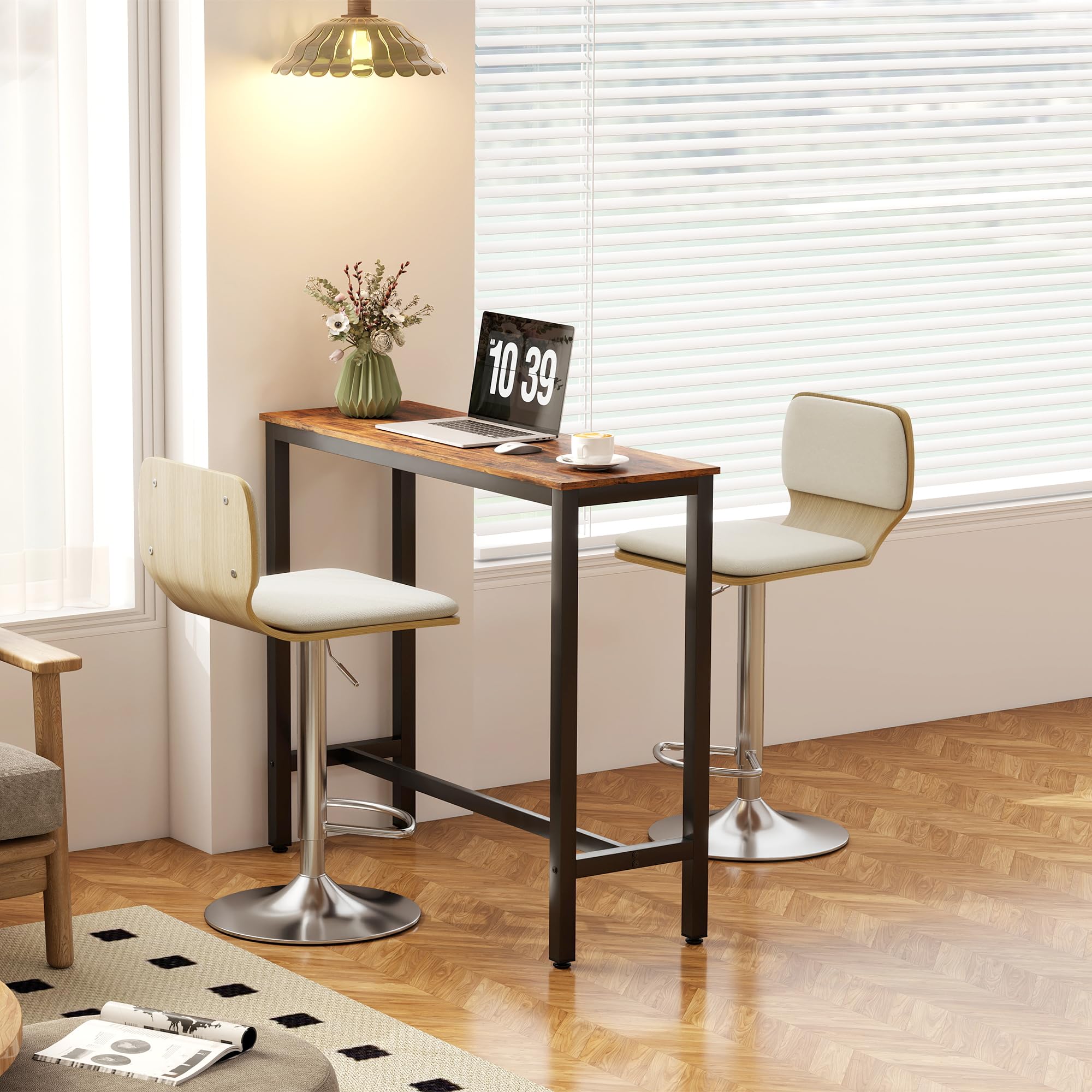 HOMCOM Juego de 2 Taburetes Altos de Cocina Giratorios en 360°, Taburetes de Bar Regulables en Altura de 81-102 cm, Tapizados en Lino, Reposapiés, para Comedor, Mostrador, Beige