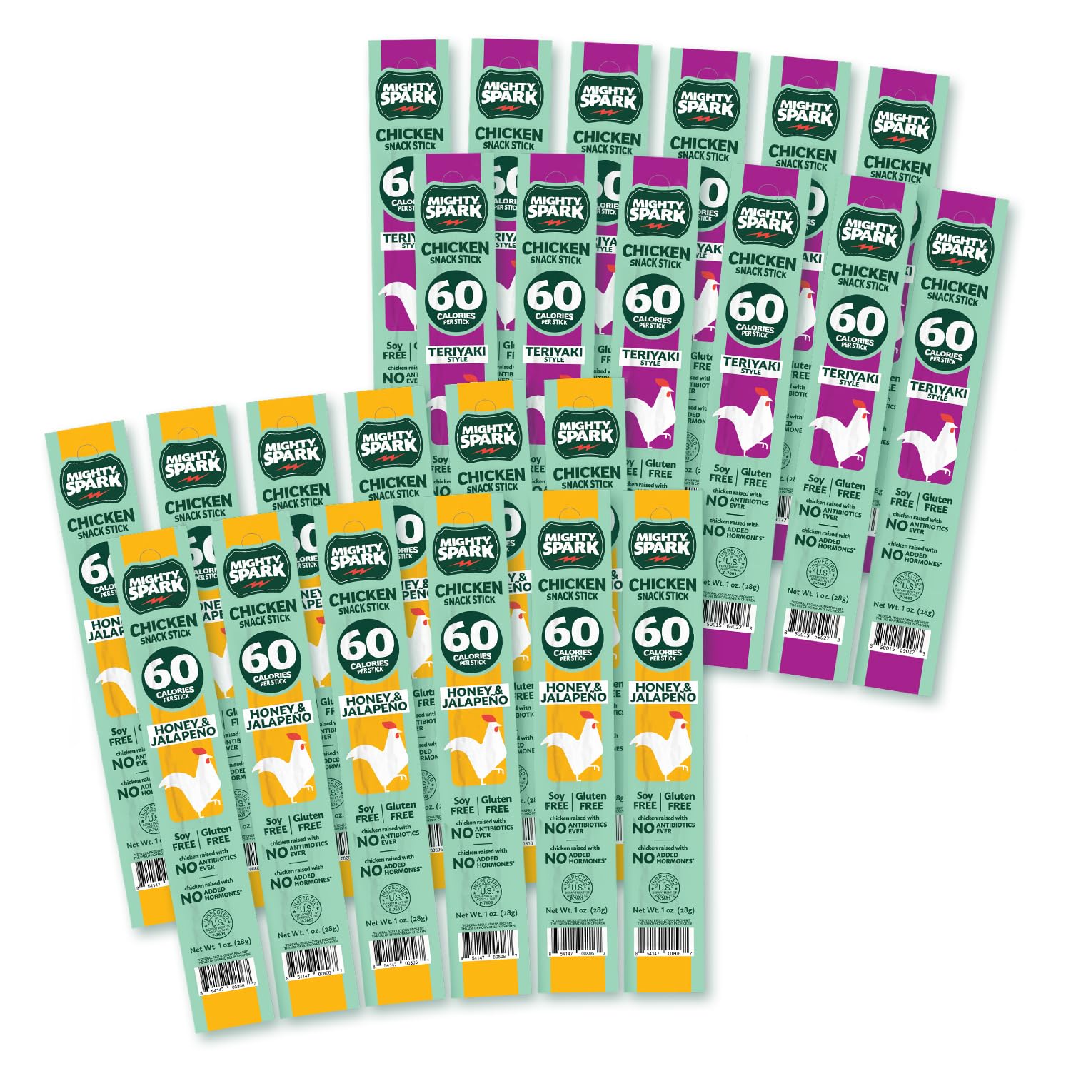 Mighty SparkChicken Snack Sticks Variety Pack - Honey Jalapeño + Teriyaki - 6g of Protein, Gluten Free, Soy Free Jerky Sticks - High Protein Keto Snacks, Weight Watchers Approved Snacks - 24 ct