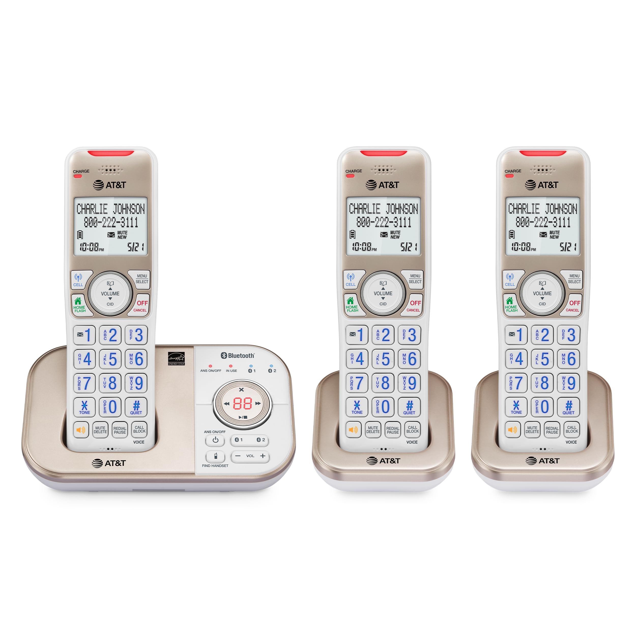 AT&T Landline Phones for Home with Answering Machine, DECT 6.0 3 Handsets Bluetooth Expandable, Smart Call Blocking, Caller ID, Intercom and Bluetooth Connect to Cell: BL3112-3 (Champagne Gold/White)