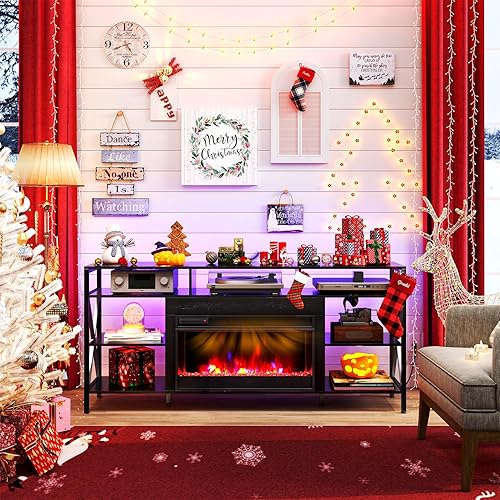 Miniatura 3 de TC-HOMENY Soporte de TV de 60 pulgadas con chimenea eléctrica de 27.5 pulgadas, consola de TV con regleta de alimentación para televisores de hasta