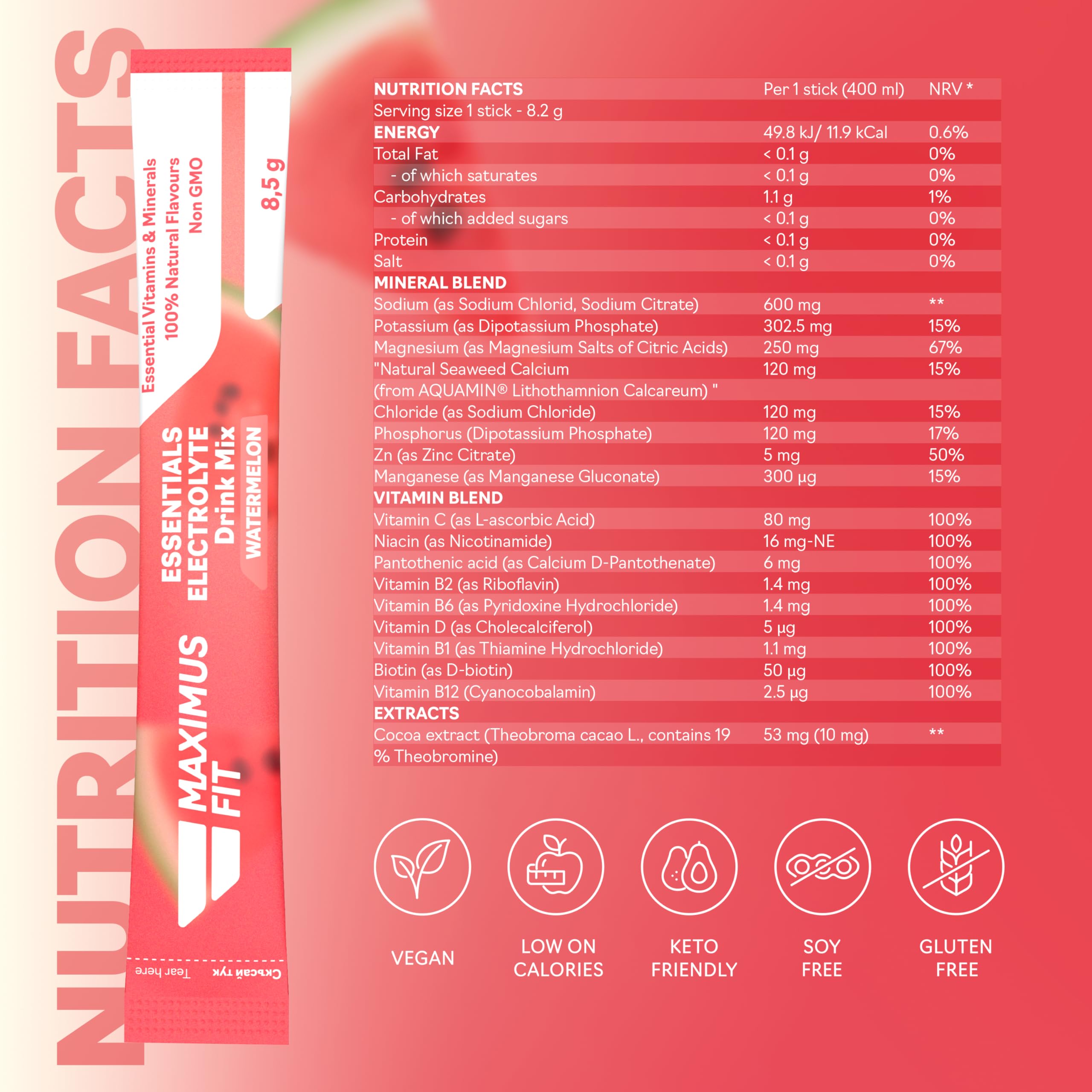 Maximus Fit Elektrolyt Pulver – Elektrolyte für Sport, Energy Drink Mix - Natrium, Magnesiumcitrat, Vitamin C, B1, B2, B3, B6, B7, B12 - Natürliches Meerespflanzenkalzium und Zink – 32 Sticks