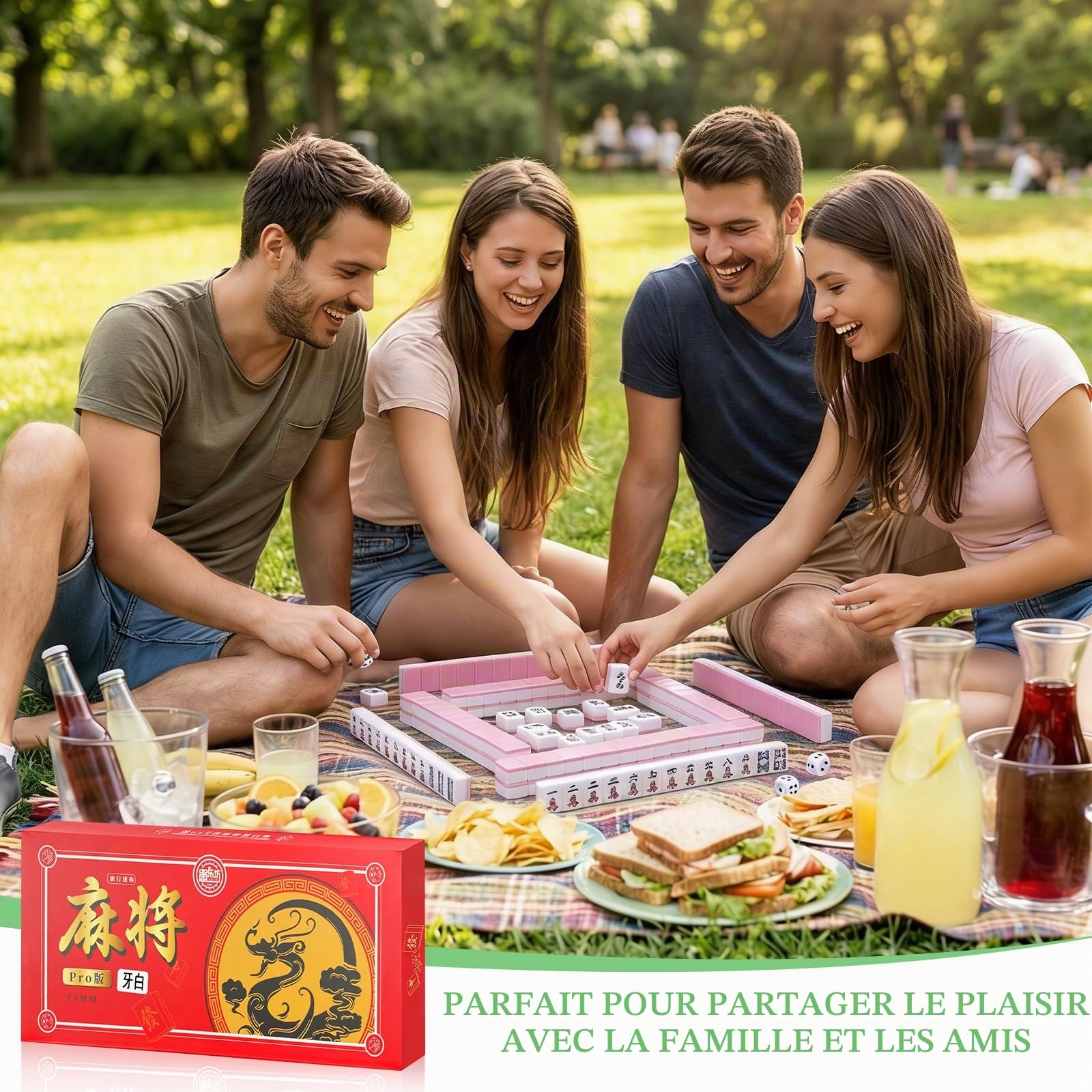 Mini Jeu de Mahjong 24mm, Jeu de société Portable Traditionnel avec 144 tuiles, 4 chevalets et 2 dés, Jeu de Voyage Compact et Tactique pour Adultes (Blanc Ivoire)
