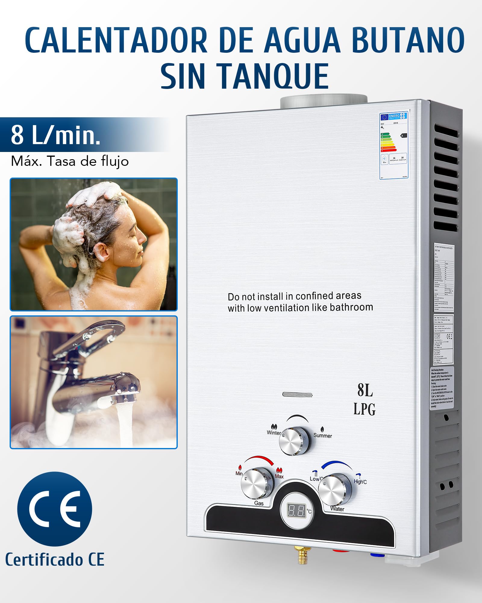 VONLUCE Calentador Gas Butano Instantáneo 5L/min - Certificado CE EN416 - Exterior Acuario Camping - 30-50°C Ajustable Protección Viento Fuerte 8L