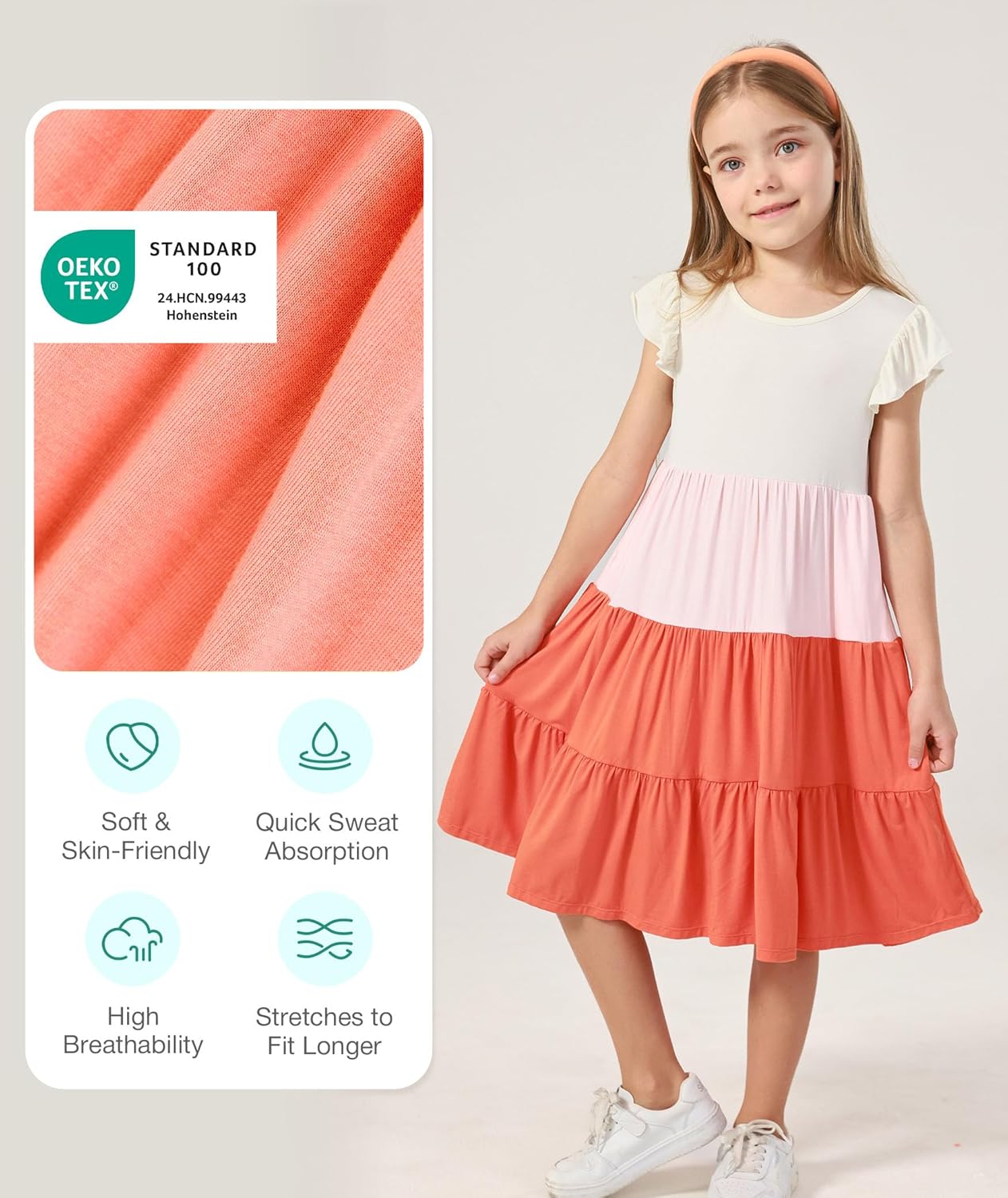 Bamboo Viscose Girl's Summer Dresses 5-14Y, Flutter Sleeve Tiered Swing Midi Casual Sundress with Pockets - Image 4