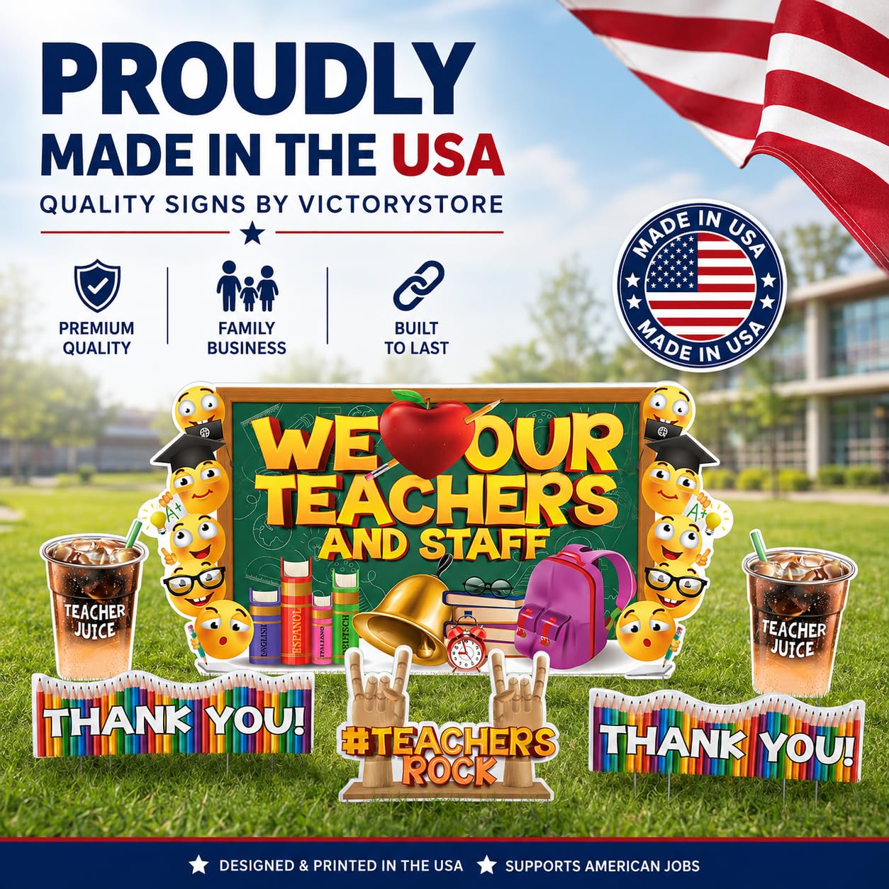 VictoryStore Lot de 6 cartes de remerciement géantes « We Love Our Teachers and Staff » - Imperméables - Avec piquets inclus