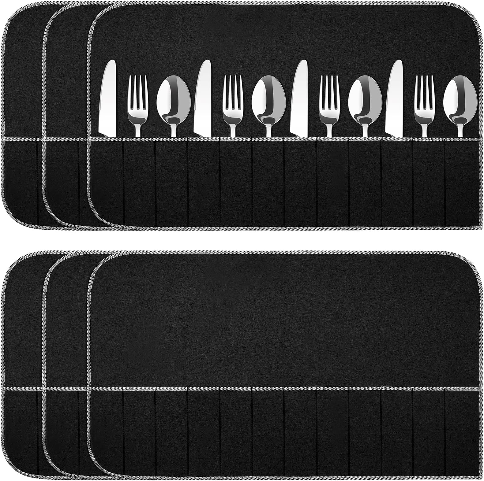 6 Pcs Anti Tarnish Silver Storage Bags Silver Storage Cloth Felt Flatware Organizer Anti Tarnish Protector Bags Place Setting Roll with White Ribbon for Kitchen Cutlery (12 Slots,Black)