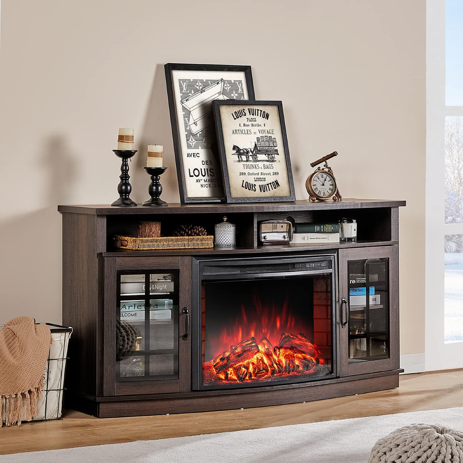 - LUXOAK 59" Curved Fireplace TV Console, Entertainment Center Table with Open Shelves and Farmhouse Glass Door Media TV Cabinet Stand for TVs up to 65 Inches, Dark Walnut