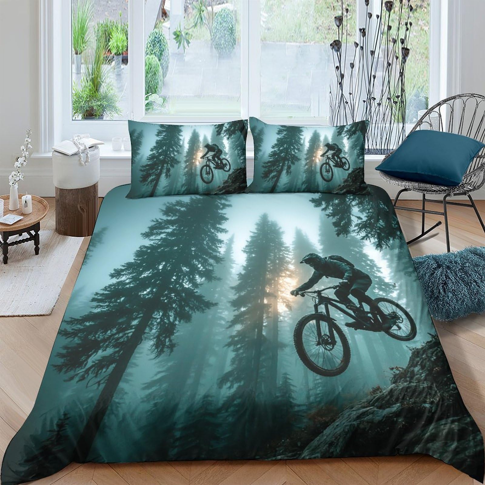 Ctjqhvkz Style-9 3D Printed Forest Cycling Fitted Sheet Microfiber Breathable Mountain Bike Bed Cover For Bedroom Guest Room Decor Single（135X200cm）