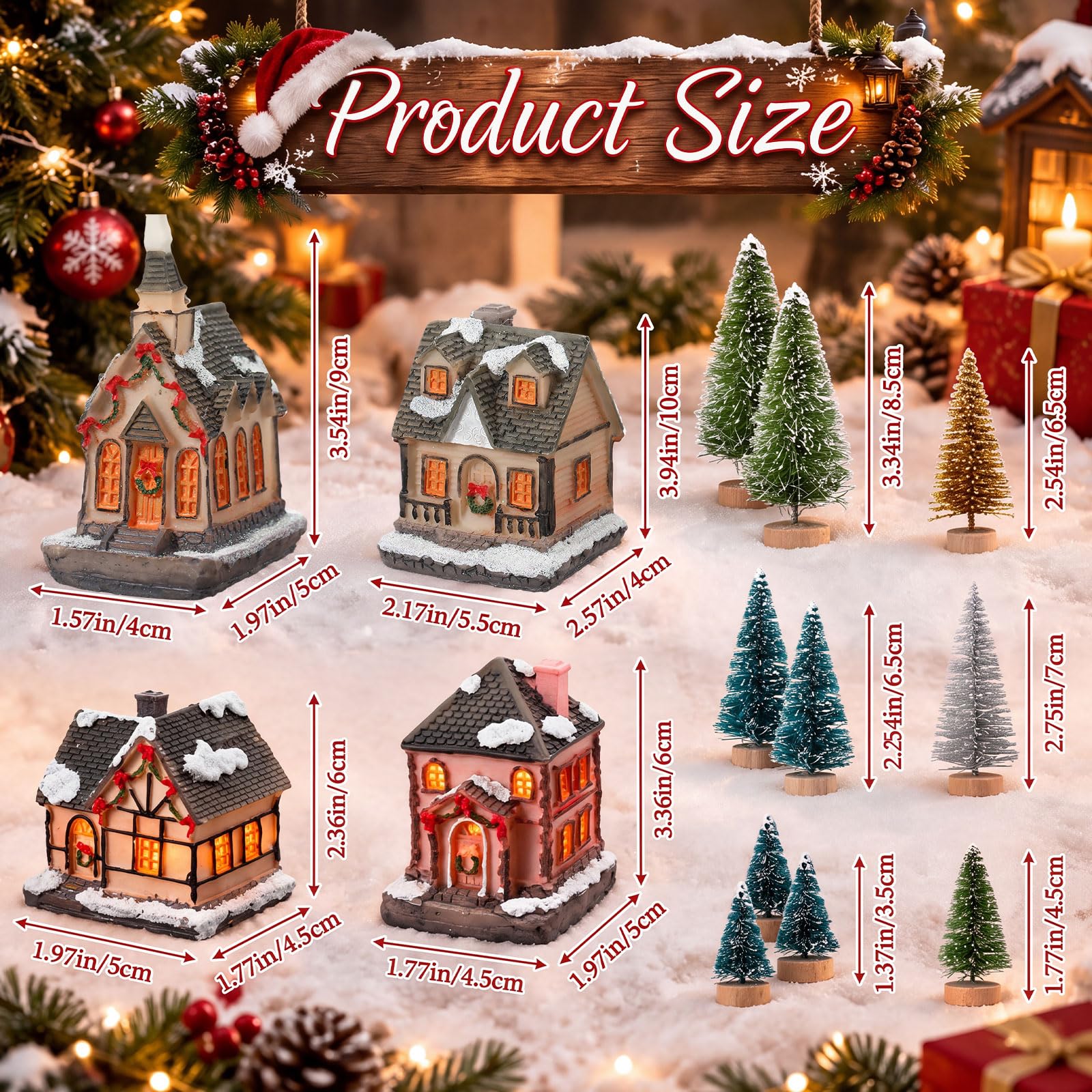 Tuanse Ensemble de village de Noël 15 pièces, 4 maisons LED 10 arbres