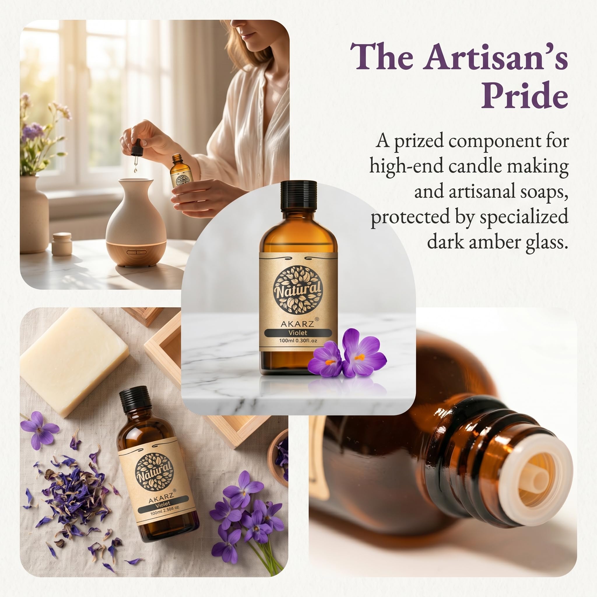 AKARZ 100ml Olejek esencjny z Fiołka - Naturalny olejek aromatyczny do dyfuzorów, lamp aromatycznych i aromatów pomieszczeń