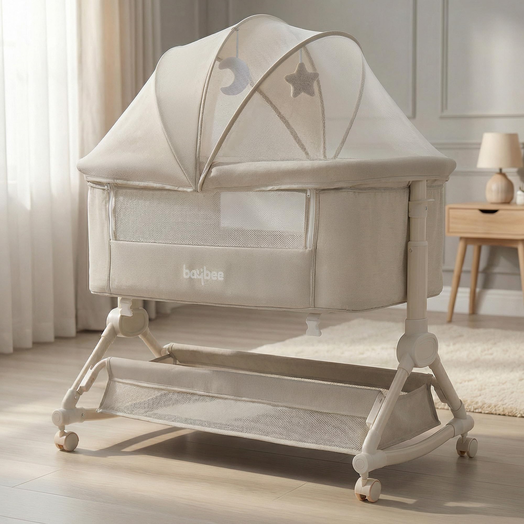 BAYBEE Bedside Crib for Baby with Rocking Mode | Bassinet for New Born with 4 Height Adjustable & Recline | Baby Cot with Mosquito Net & Storage Box | Bedside Basinet for 0 to 2 Years Boy Girl (kaki)-image-1