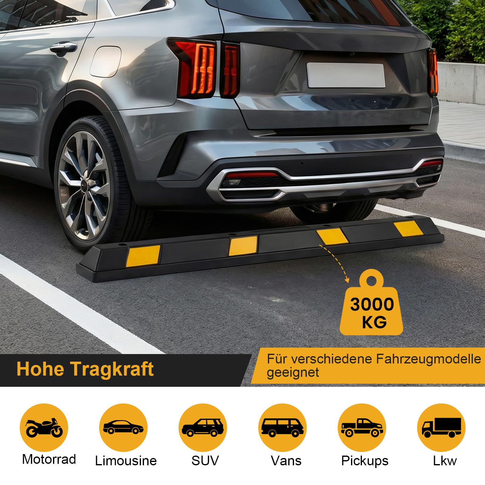 COSTWAY Radstopper aus Gummi, Einparkhhilfe 184 cm, Parkplatzbegrenzung bis 3000 kg Belastbar, Parkbegrenzung mit gelben Reflektorstreifen, Parkplatzsperre für Garage, Parkplatz (1 er Set)