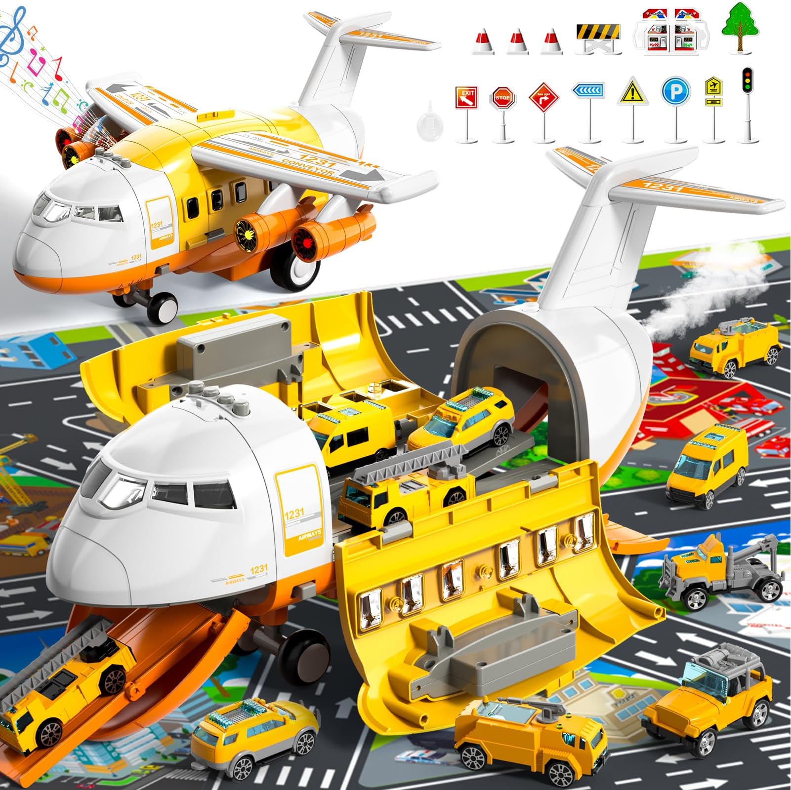 Toy Airplane for Boys Kids Age 4-7, Airplane Toys for 3 year old, Large Transport Spray Aeroplane Toys with 10 Construction Vehicles, Birthday Gifts Boy Toys Age 4-5, Yellow