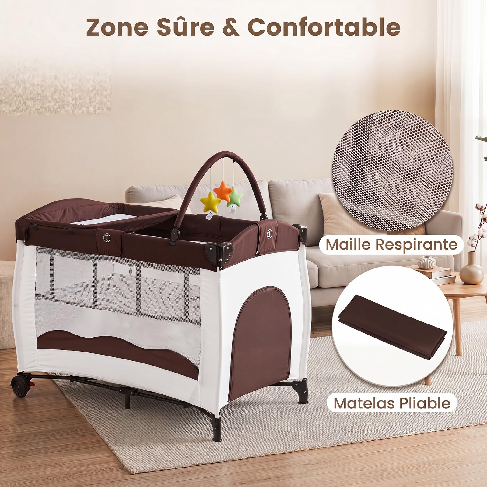 COSTWAY 4 en 1 Lit Parapluie Bébé Pliable avec Matelas (Marron)