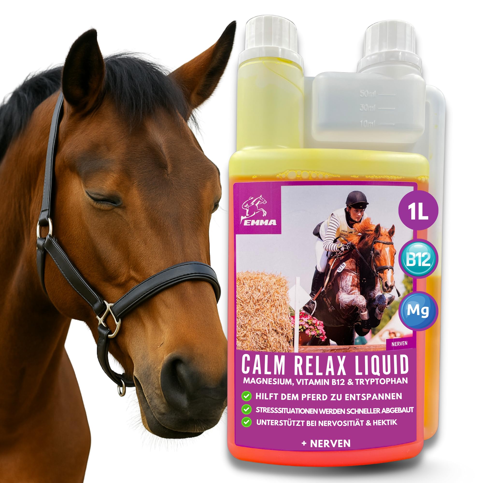 Magnesio Caballo Vitamina B12 I Calm I Antiestrés para calmar los Nervios I L Triptófano líquido I Vit B 12 para la ansiedad Relajación I para el Transporte I apoya la Calma Caballo nervioso Pony 1L