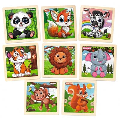 Wooden Animal Puzzles for Toddlers 3-5, 8 Pack Toddler Jigsaw Puzzles, Preschool Learning Toys, Animal Puzzle Set for Kids Ages 3 4 5, Educational Birthday Gifts for Boys Girls