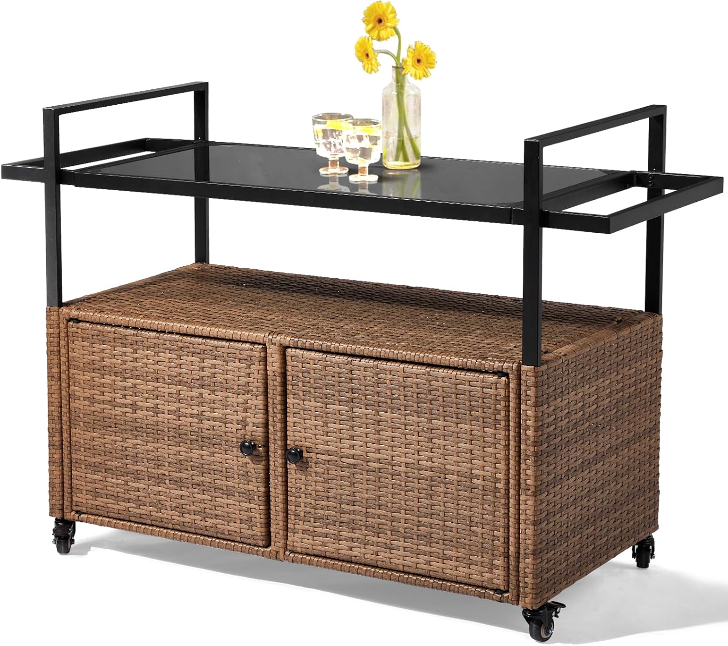 Outvita Patio Bar Table, Weatherproof Buffet Cabinet Wicker Outdoor Storage Cart with 2 Doors & Shelves Glass Tabletop for Tableware Wine Bottle and Glass, Towels, and Potting Supplies