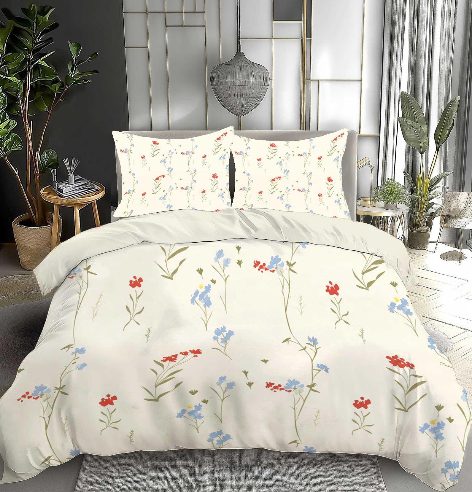 Parure de lit housse de couette 200x200 fleurs sauvages jaune clair fermeture éclair 2p