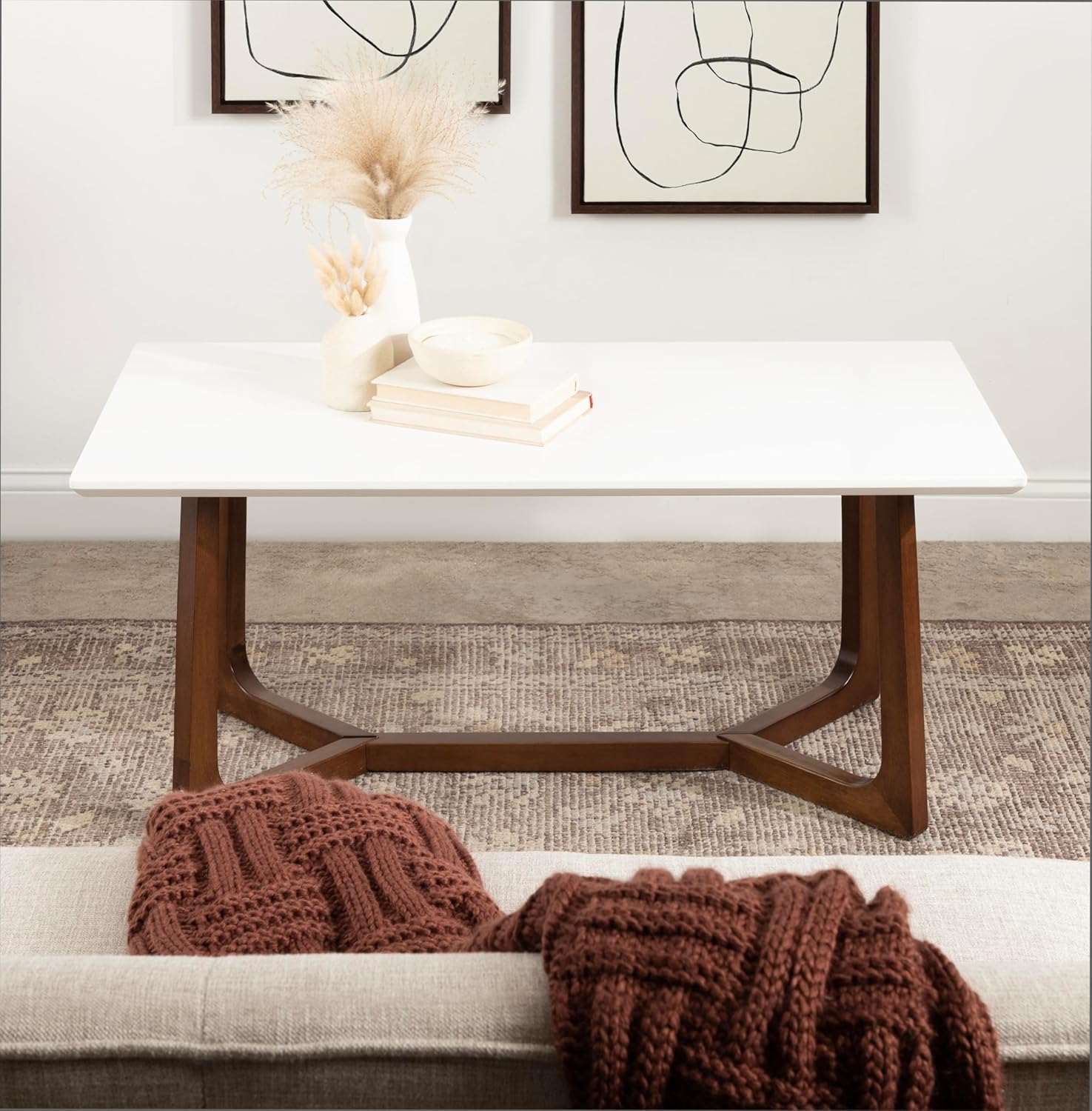 Kate and Laurel Olivant Mid-Century Rectangle Coffee Table, 44 x 22 x 20, White and Brown Walnut, Rectangular Two-Tone Living Room Coffee Table with Geometric Base