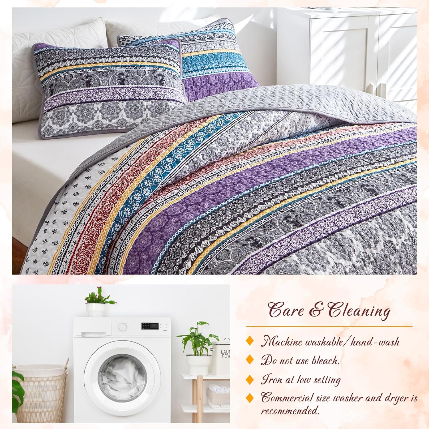 3 Pieces Colorful Bohemian Quilt Set Full Queen Size, Purple n Grey Boho Striped Printed Bedding Bedspread Coverlet Set for Summer, Soft Lightweight Microfiber Quilt with 2 Shams (88x88 inces) - Image 4