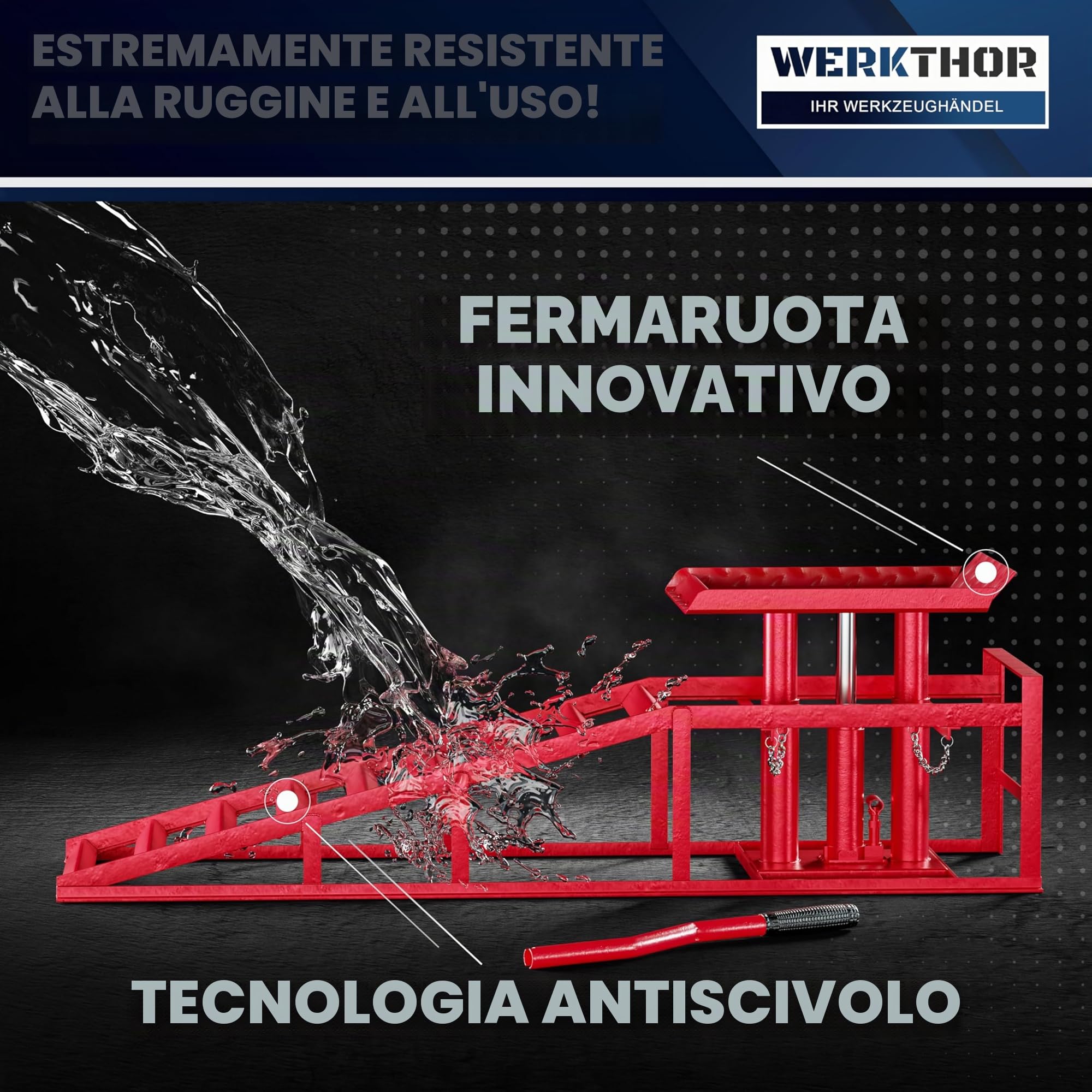 WERKTHOR Rampa idraulica per auto (Set da 2 Rosso) – rampa di carico con valvola di sicurezza/sovrapressione [<4T] – rampa regolabile in altezza auto – ponte sollevatore auto