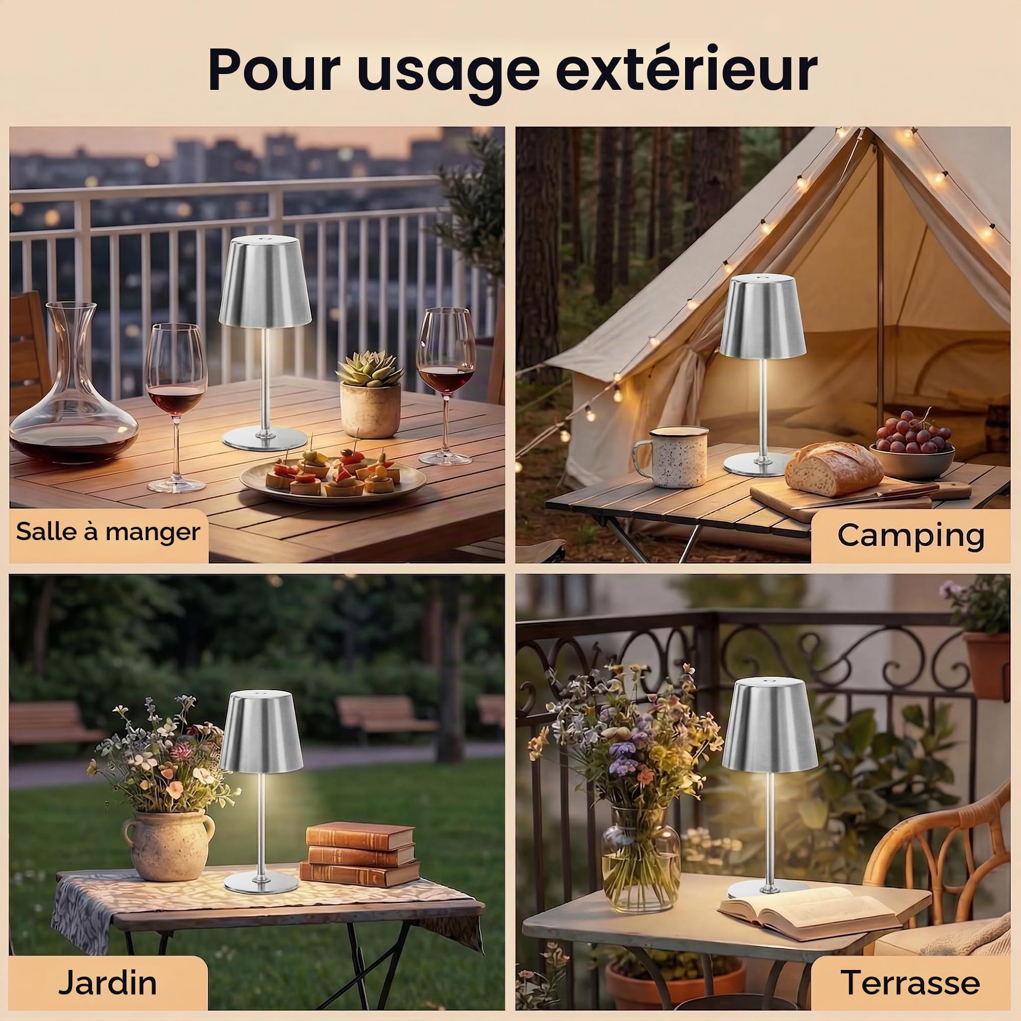Lot de 2 Lampes de Table Sans Fil en Métal, Intérieur et Extérieur