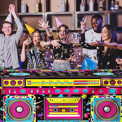 Miniatura 6 de Mantel de radio de fiesta de 6 pies y 80 y 90, decoración de mesa de cumpleaños para fiesta temática de los años 90, suministros de decoración de