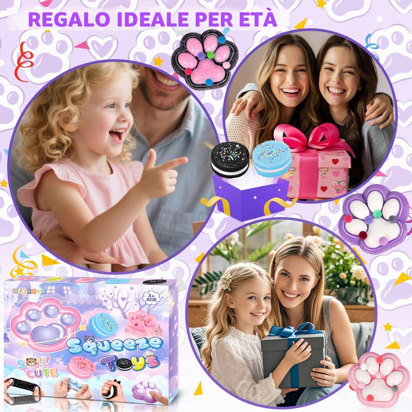 4 pezzi giocattolo per stringere zampa di gatto, 4 pezzi Squishy Oreo, Taba Squishy Kit, Squeeze Toys, Kawaii Squishys Giocattoli, Giocattoli antistress per bambini e adulti, Natale