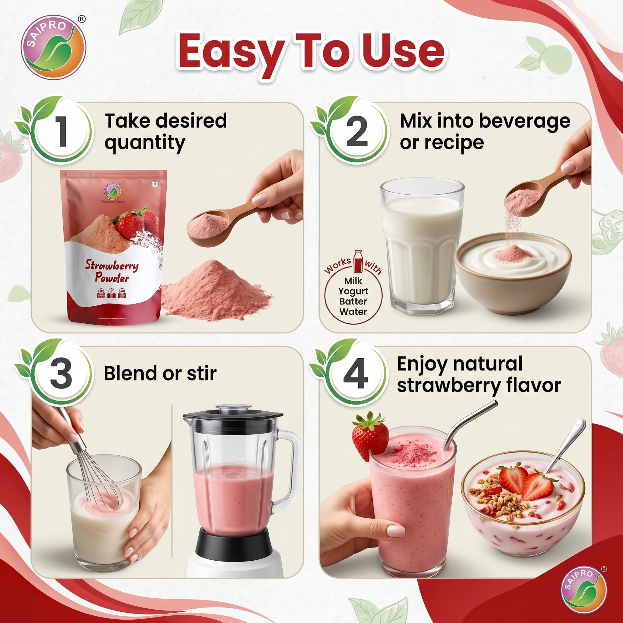 Saipro Strawberry Fruit Powder, 200 gm, Strawberry powder for Cake| Milkshakes|Natural flavour| for food| juice| Lemonade| Ingredient in beverages like lemonade, cooking, baking, cosmetics, all natural. No Artificial colour, No preservatives 1