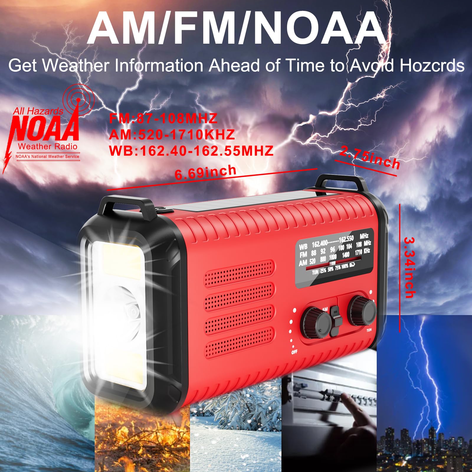Radio météo d'urgence à manivelle, 20 000 mAh AM/FM/NOAA Radio solaire avec chargeur de téléphone, charge USB, lampe de lecture LED, prise casque, alarme SOS, boussole pour urgence (Scarlet)